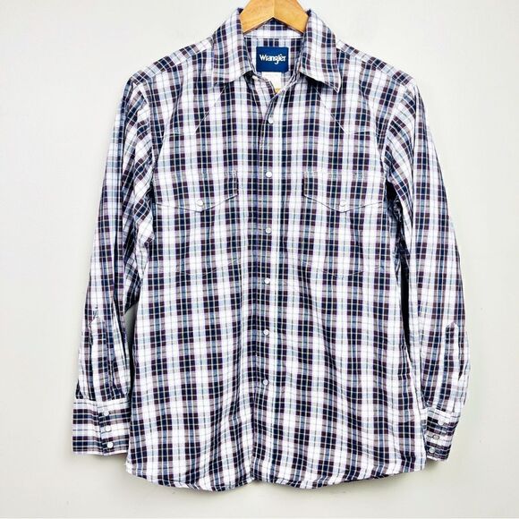 WRANGLER Western Pearl Snap Shirt, Purple/Blue/Brown Plaid Medium - Picture 1 of 6